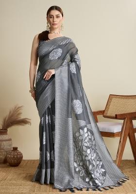 Grey Embroidered Silk Saree Set