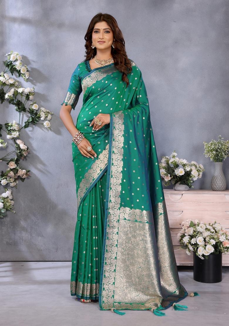 Green Embroidered Silk Saree Set