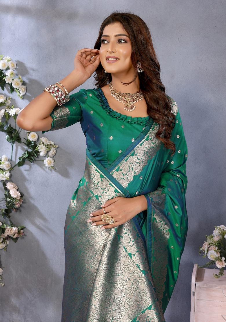 Green Embroidered Silk Saree Set
