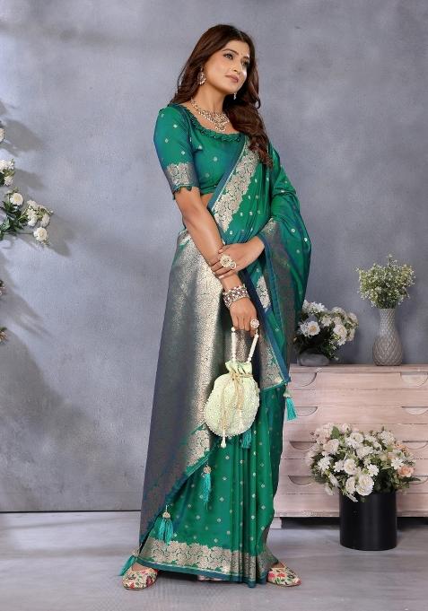 Green Embroidered Silk Saree Set