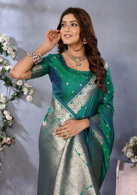 Green Embroidered Silk Saree Set