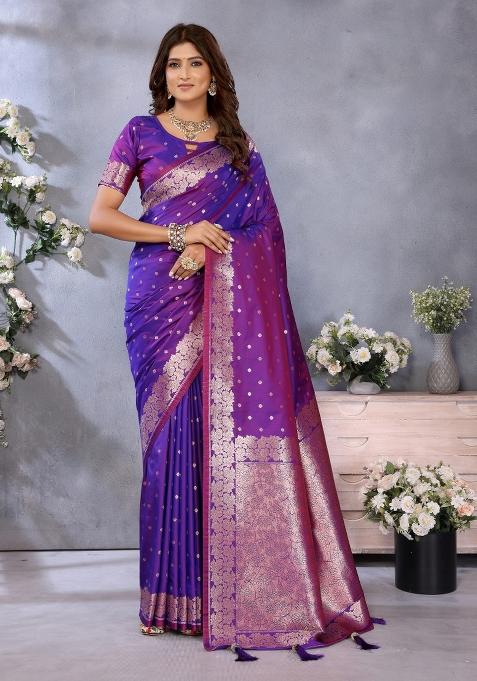 Purple Embroidered Silk Saree Set
