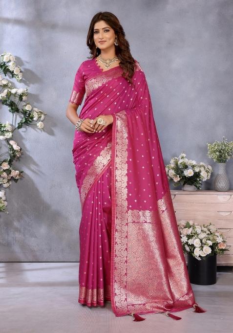 Pink Embroidered Silk Saree Set