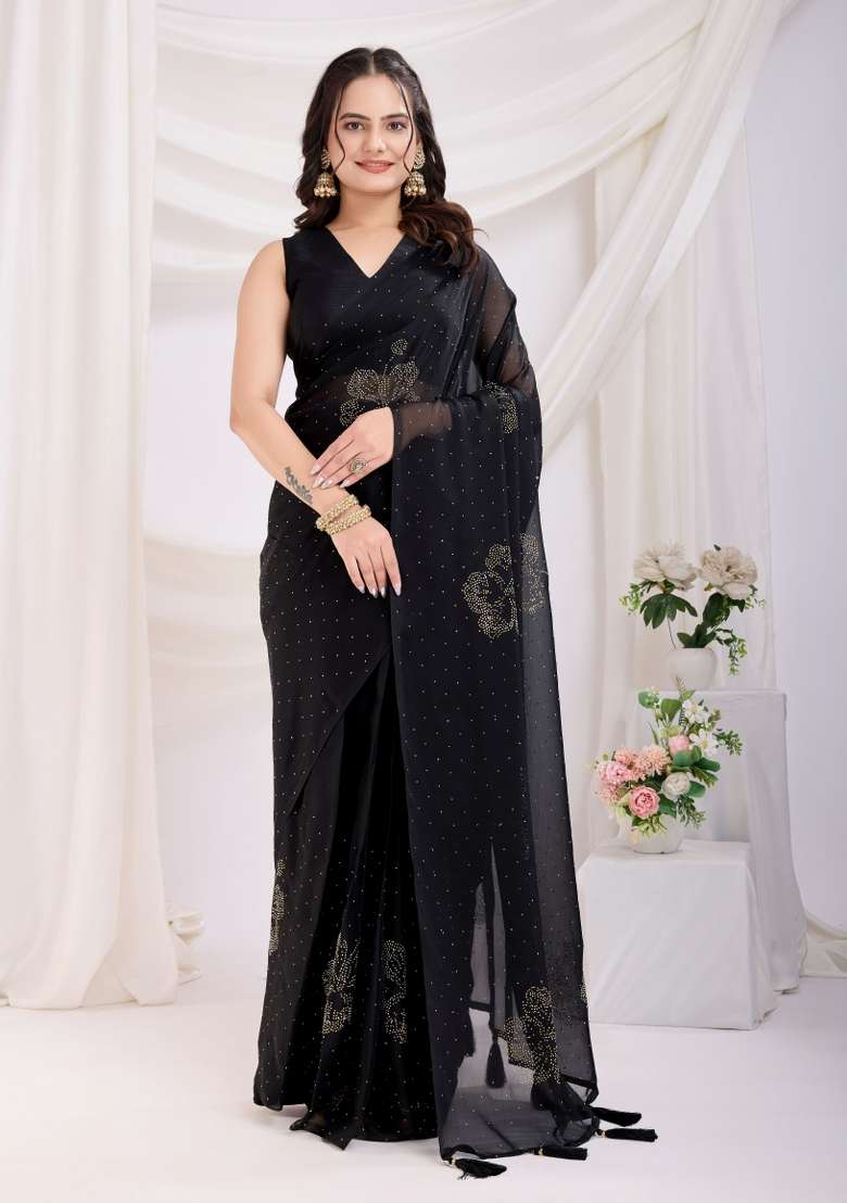 Black Embroidered Silk Saree Set - Indya
