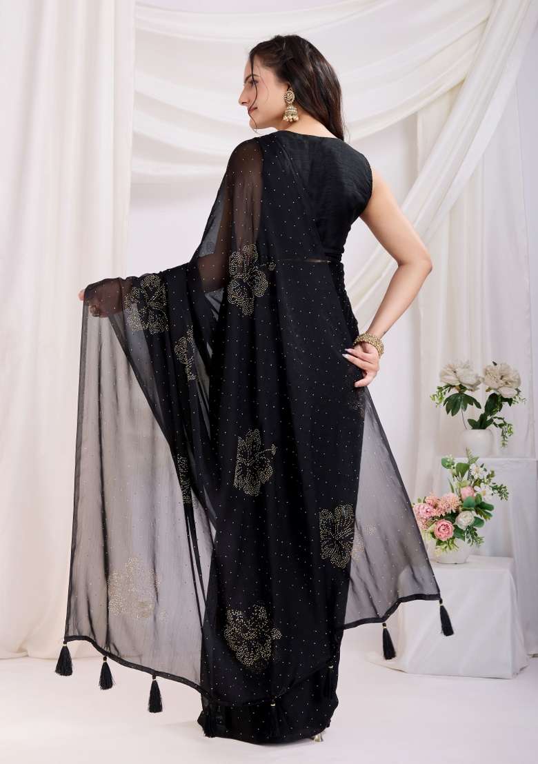 Black Embroidered Silk Saree Set - Indya