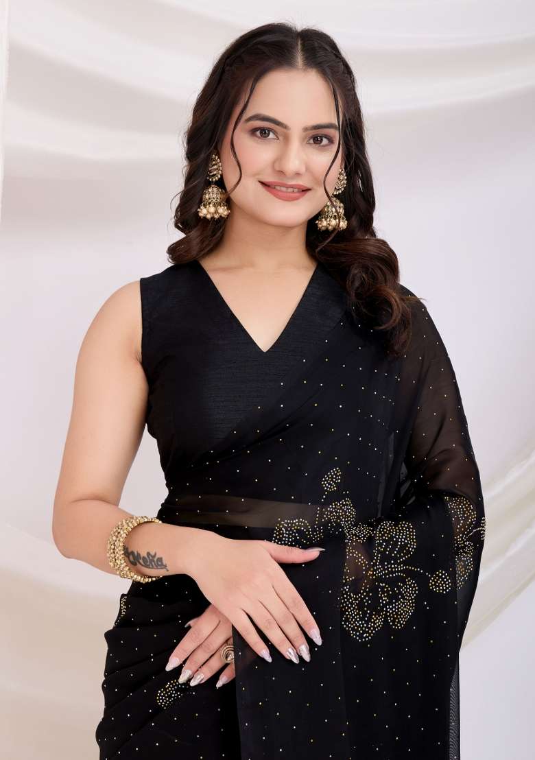 Black Embroidered Silk Saree Set - Indya