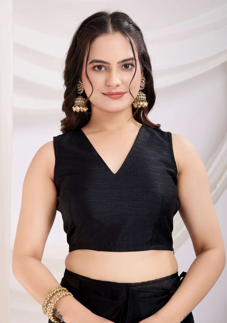 Black Embroidered Silk Saree Set - Indya