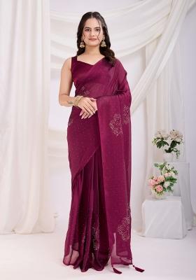 Maroon Embroidered Silk Saree Set