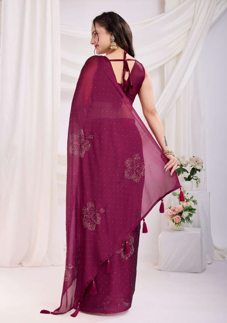 Maroon Embroidered Silk Saree Set - Indya
