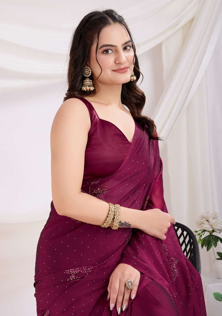 Maroon Embroidered Silk Saree Set - Indya
