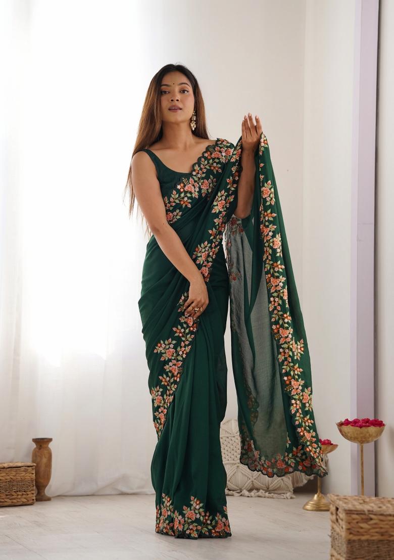 Green Embroidered Silk Saree Set