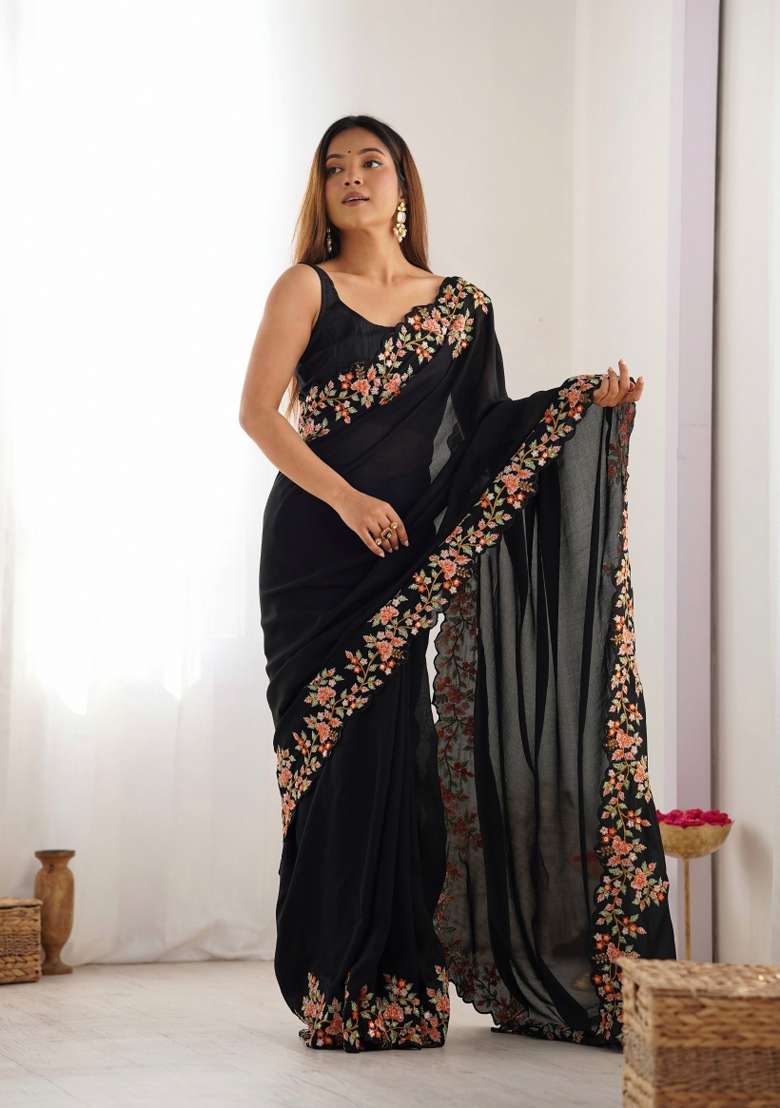 Black Embroidered Silk Saree Set - Indya