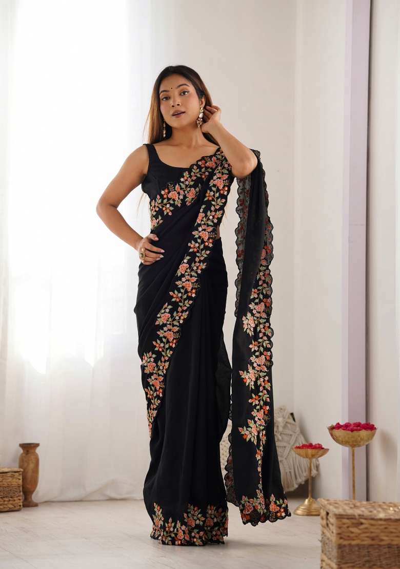 Black Embroidered Silk Saree Set - Indya