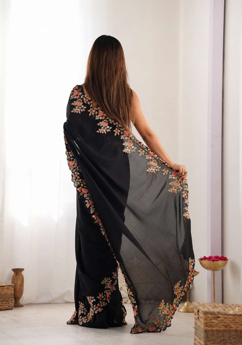 Black Embroidered Silk Saree Set - Indya