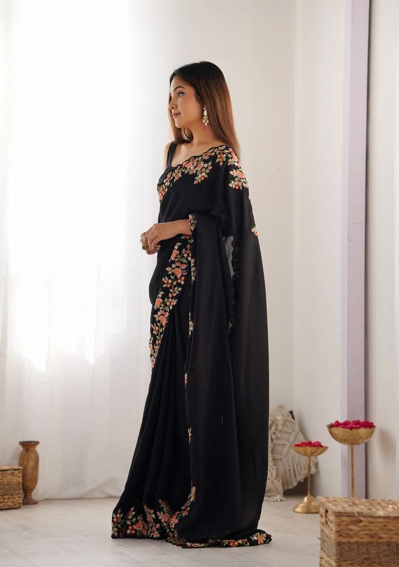 Black Embroidered Silk Saree Set - Indya