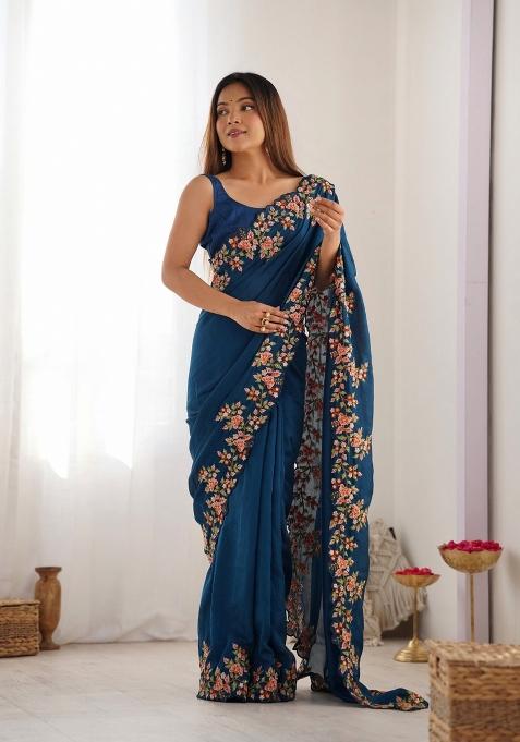 Blue Embroidered Silk Saree Set