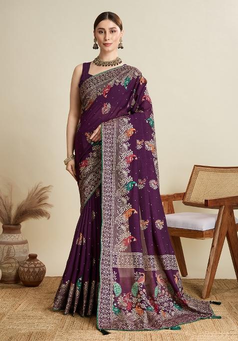 Wine Printed Cotton Saree Set