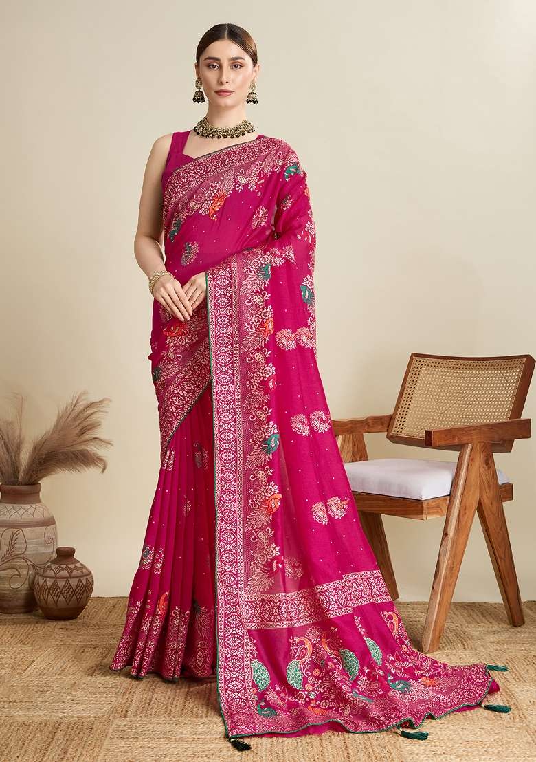 Pink Printed Cotton Saree Set for Diwali and Festive Wear - Indya