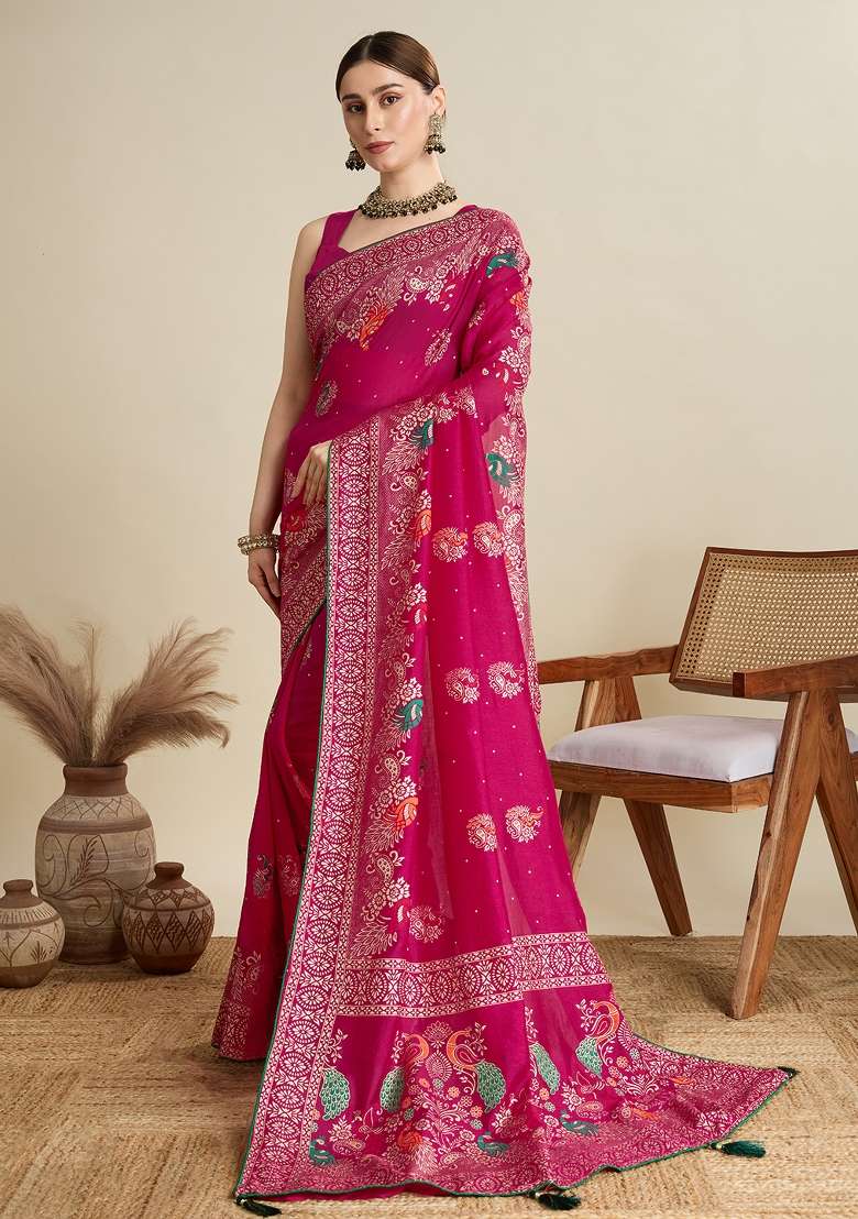 Pink Printed Cotton Saree Set for Diwali and Festive Wear - Indya