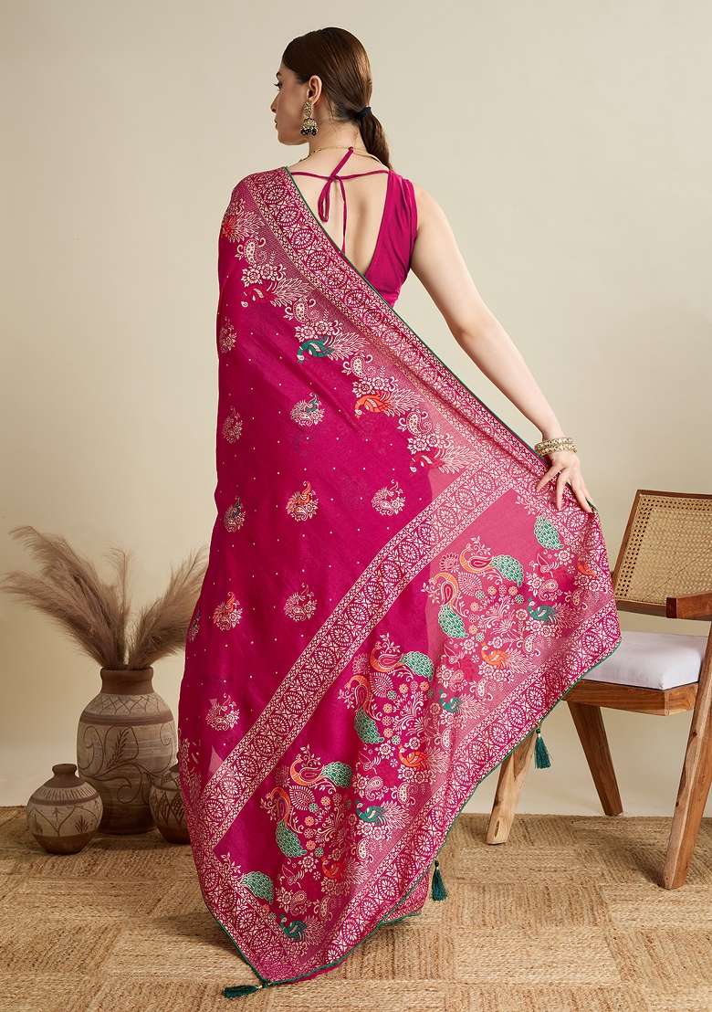 Pink Printed Cotton Saree Set for Diwali and Festive Wear - Indya