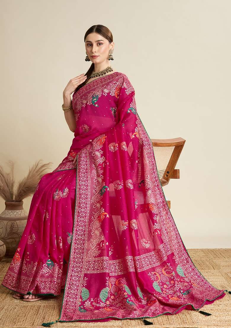 Pink Printed Cotton Saree Set for Diwali and Festive Wear - Indya
