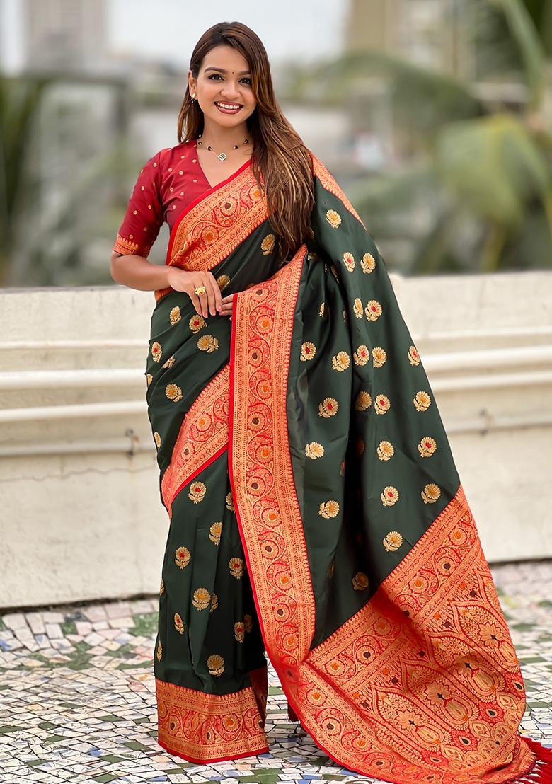 Green Embroidered Silk Saree Set