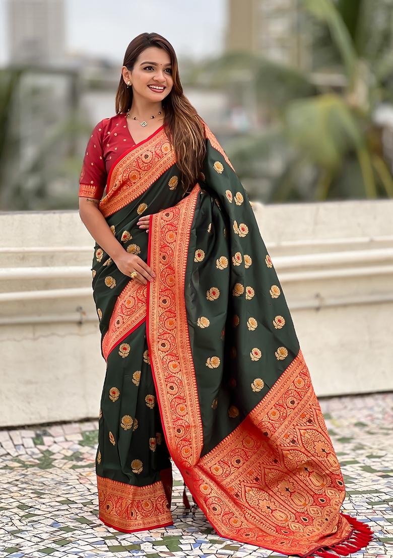 Green Embroidered Silk Saree Set