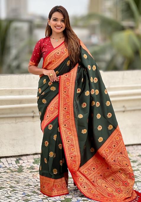 Green Embroidered Silk Saree Set