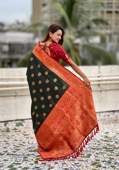 Green Embroidered Silk Saree Set