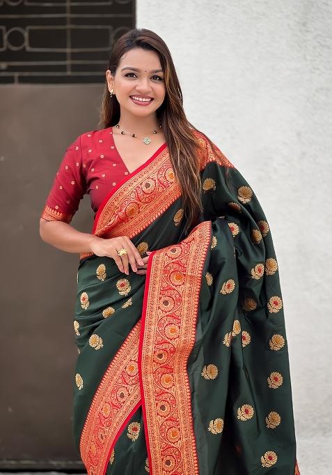 Green Embroidered Silk Saree Set