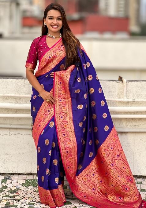 Purple Embroidered Silk Saree Set