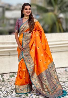 Orange Embroidered Silk Saree Set