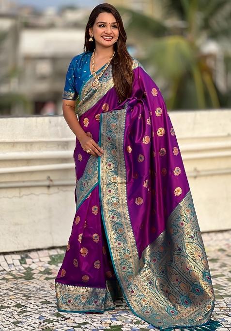 Purple Embroidered Silk Saree Set