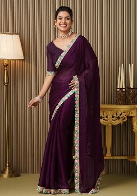 Purple Embroidered Chiffon Saree Set