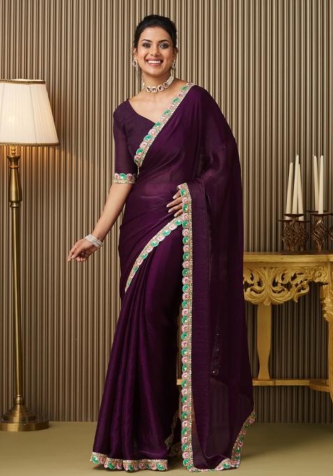 Purple Embroidered Chiffon Saree Set