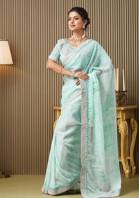 Blue Embroidered Organza Saree Set
