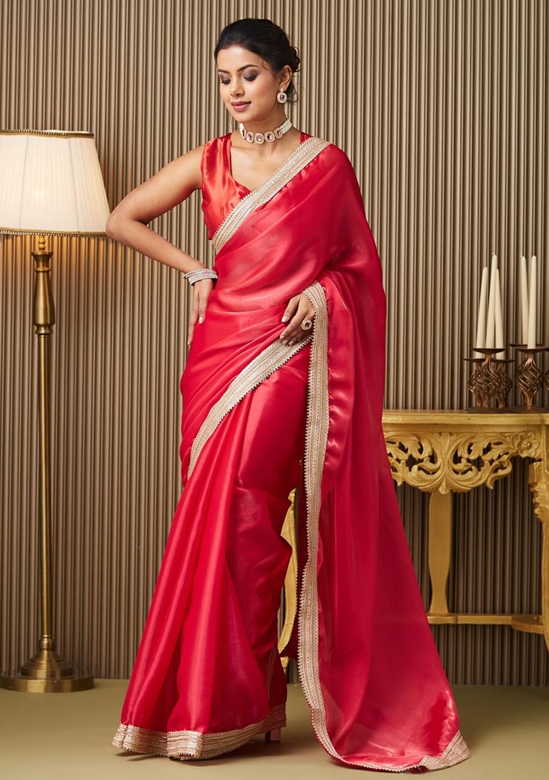 Red Embroidered Organza Saree Set