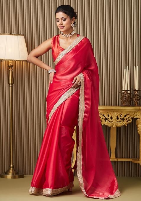 Red Embroidered Organza Saree Set