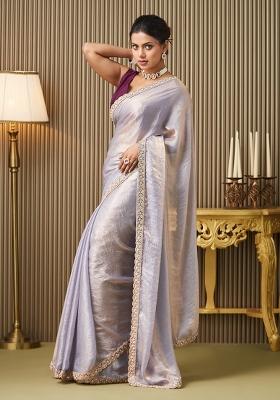 Purple Embroidered Satin Saree Set