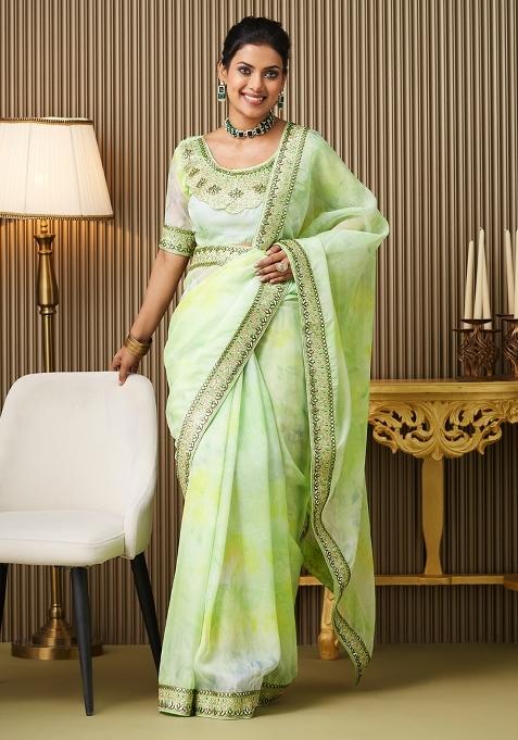 Green Embroidered Organza Saree Set