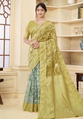 Yellow Embroidered Silk Saree Set