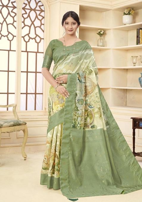 Green Embroidered Silk Saree Set