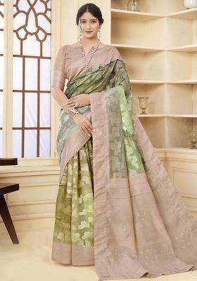 Beige Embroidered Silk Saree Set