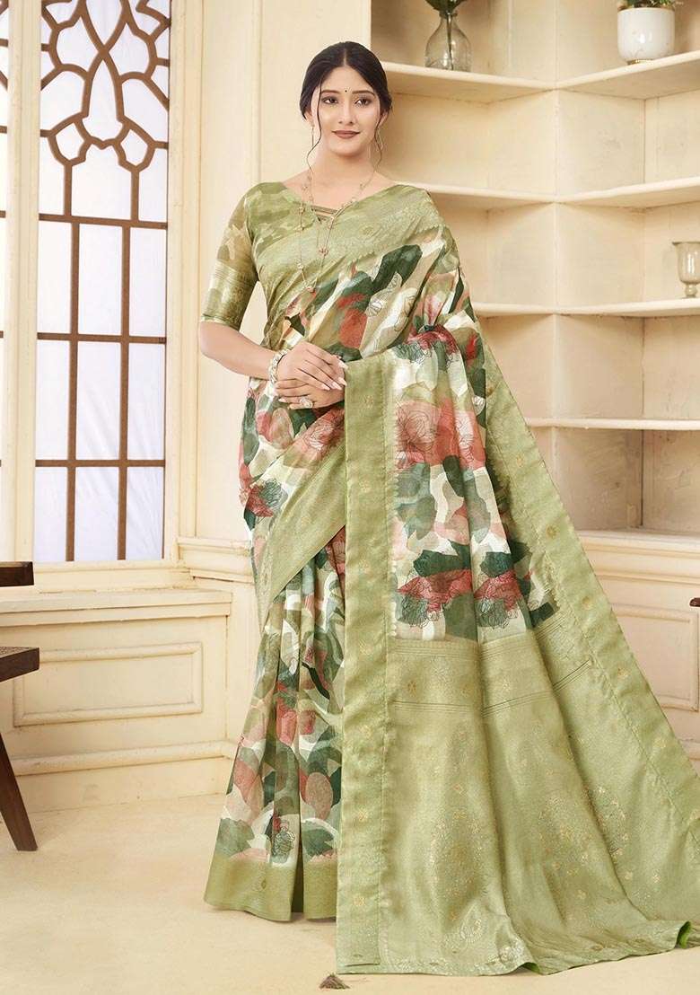 Green Embroidered Silk Saree Set - Indya