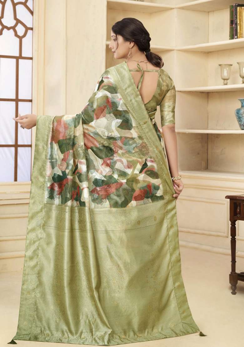 Green Embroidered Silk Saree Set - Indya