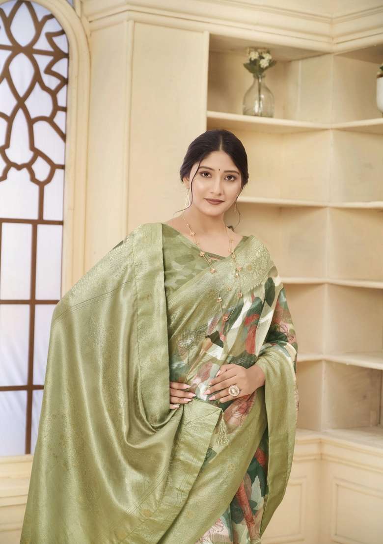 Green Embroidered Silk Saree Set - Indya