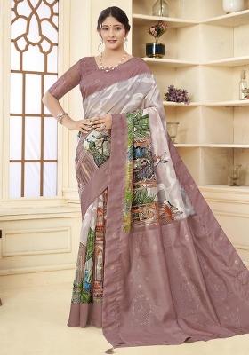 Brown Embroidered Silk Saree Set