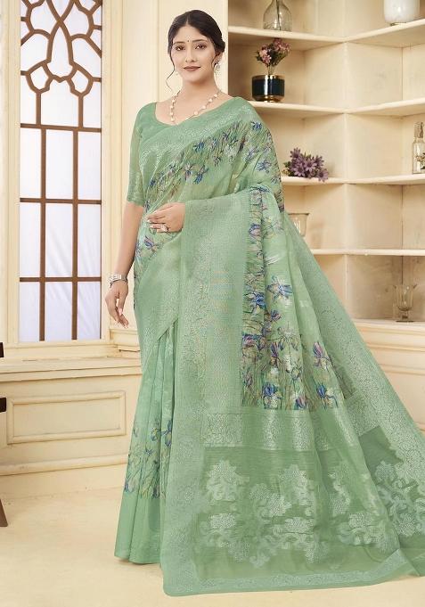 Green Embroidered Silk Saree Set
