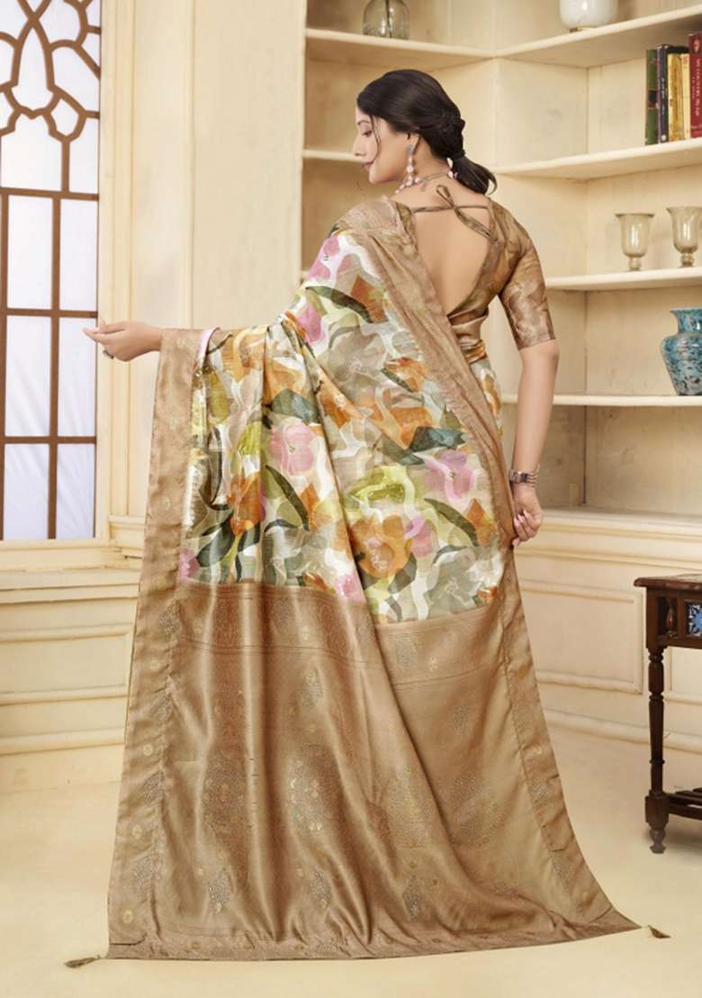 Brown Embroidered Silk Saree Set for Diwali and Festive Wear - Indya