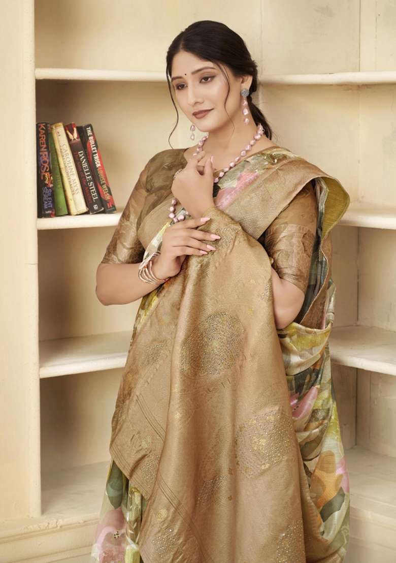 Brown Embroidered Silk Saree Set for Diwali and Festive Wear - Indya